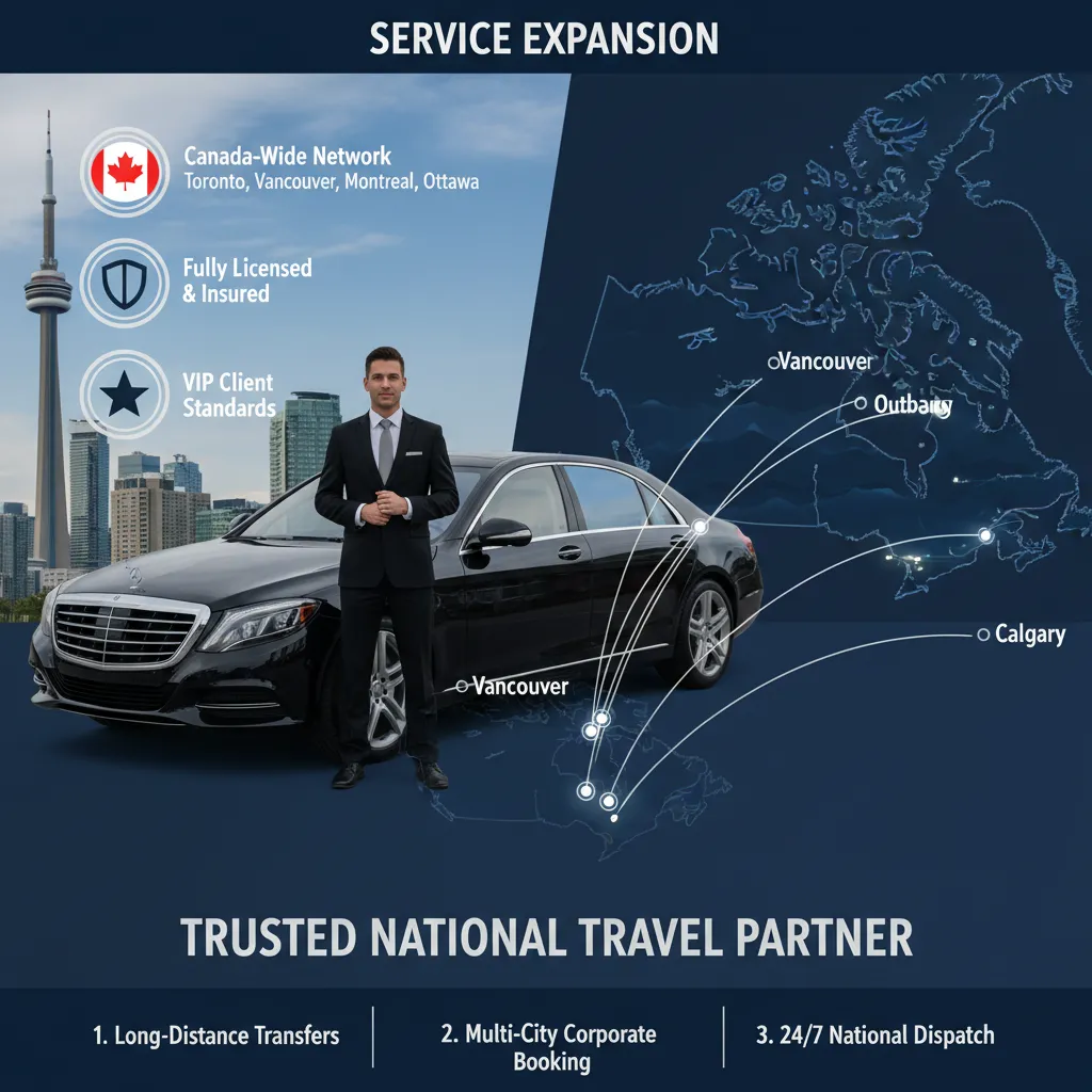 A premium luxury fleet including black sedans and SUVs parked in front of a Canadian landmark, representing nationwide luxury travel and corporate chauffeur services across Toronto and major Canadian cities.