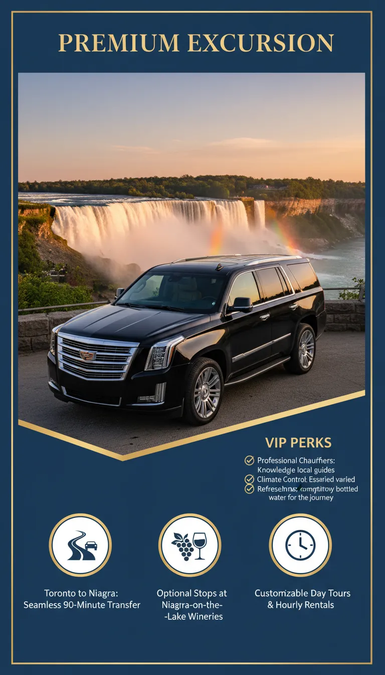 A luxury black SUV limousine parked at a scenic overlook with the Horseshoe Falls of Niagara in the background, illustrating a private day tour and chauffeured transportation service from Toronto to Niagara Falls.