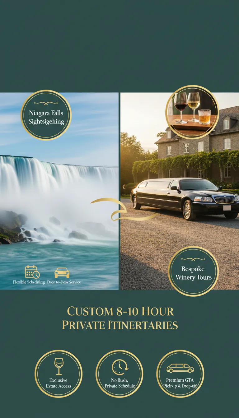 A professional luxury limousine parked at a scenic Niagara-on-the-Lake vineyard overlooking the rows of grapevines, with an inset view of the majestic Niagara Falls, showcasing a full-day private tour experience.