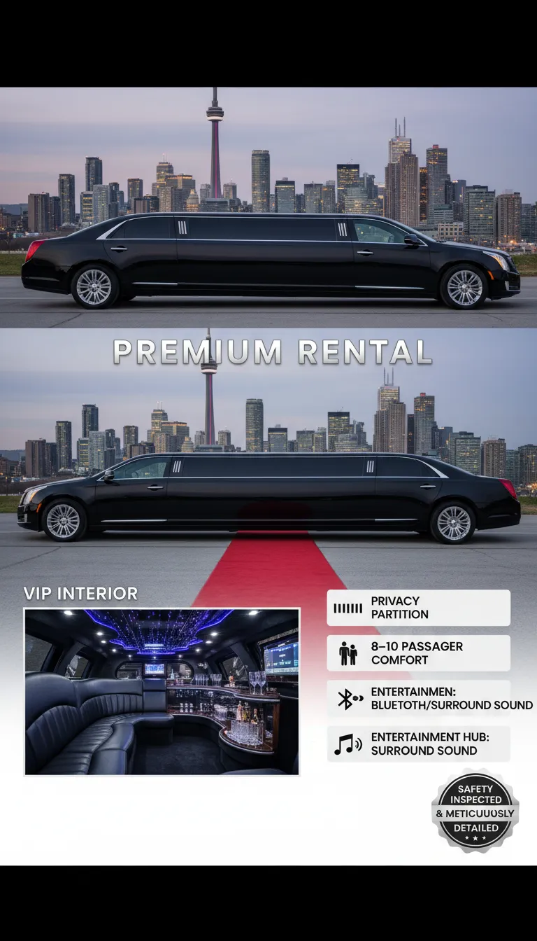 A high-end white stretch limousine with a polished exterior parked outside a luxury venue, featuring an inset photo of the interior's leather seating, LED fiber-optic lighting, and a fully stocked beverage bar.