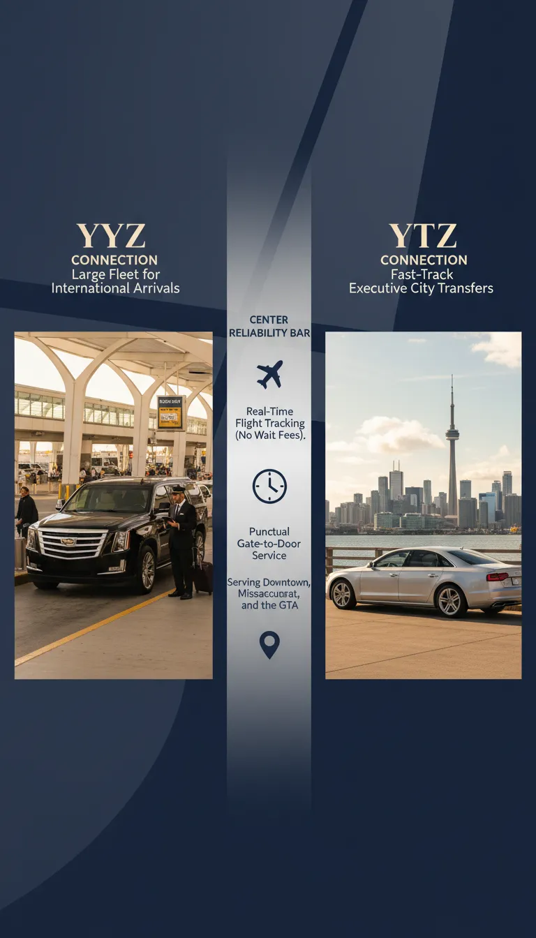 A professional chauffeur standing by a luxury black SUV at Toronto Pearson International Airport (YYZ) and a luxury sedan arriving at the Billy Bishop Toronto City Airport (YTZ) ferry terminal, showcasing reliable airport transfer services.