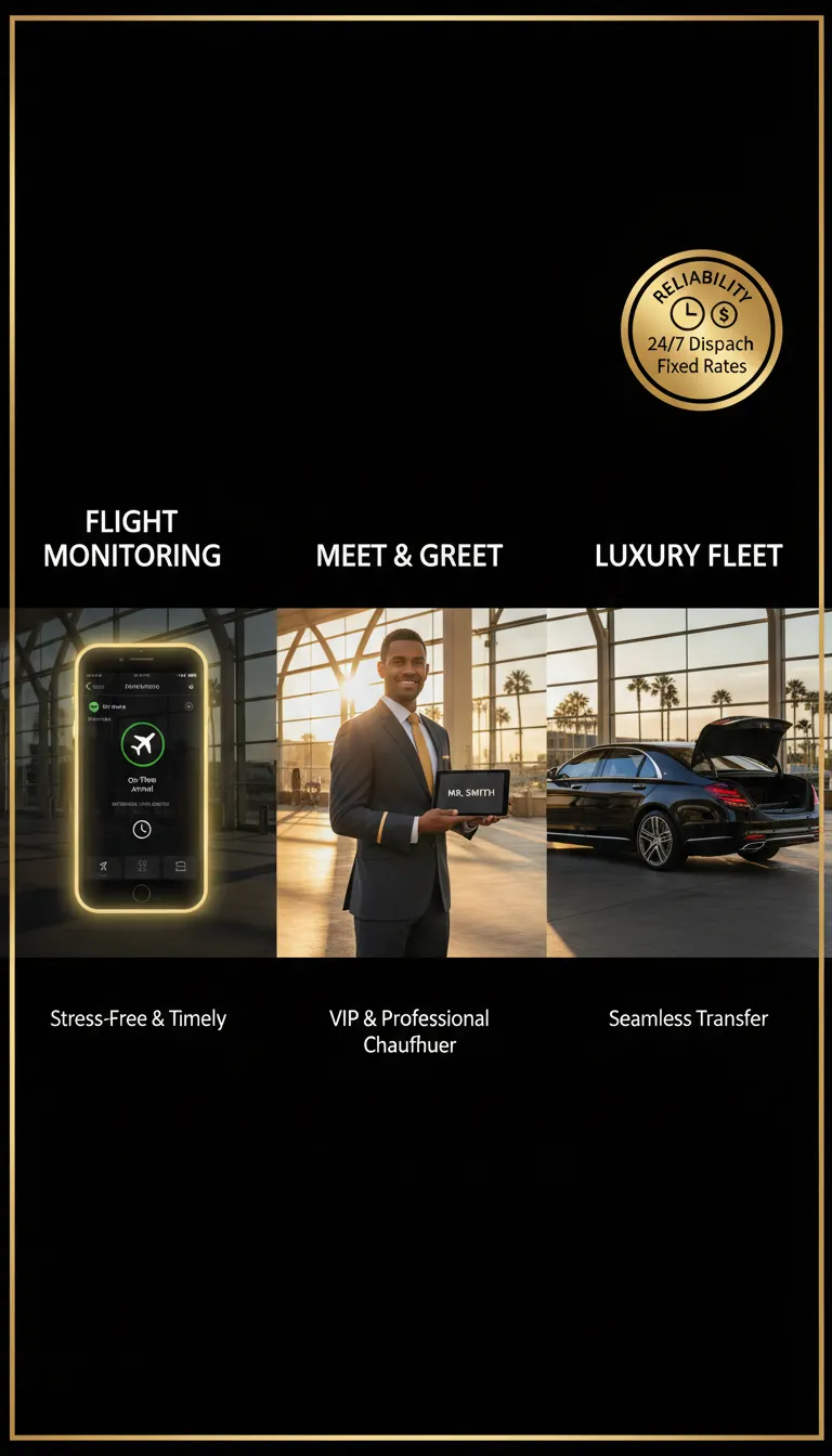 A professional chauffeur in a black suit holding a name sign while standing next to a luxury black sedan at the airport arrivals curb, illustrating a seamless airport transfer service.