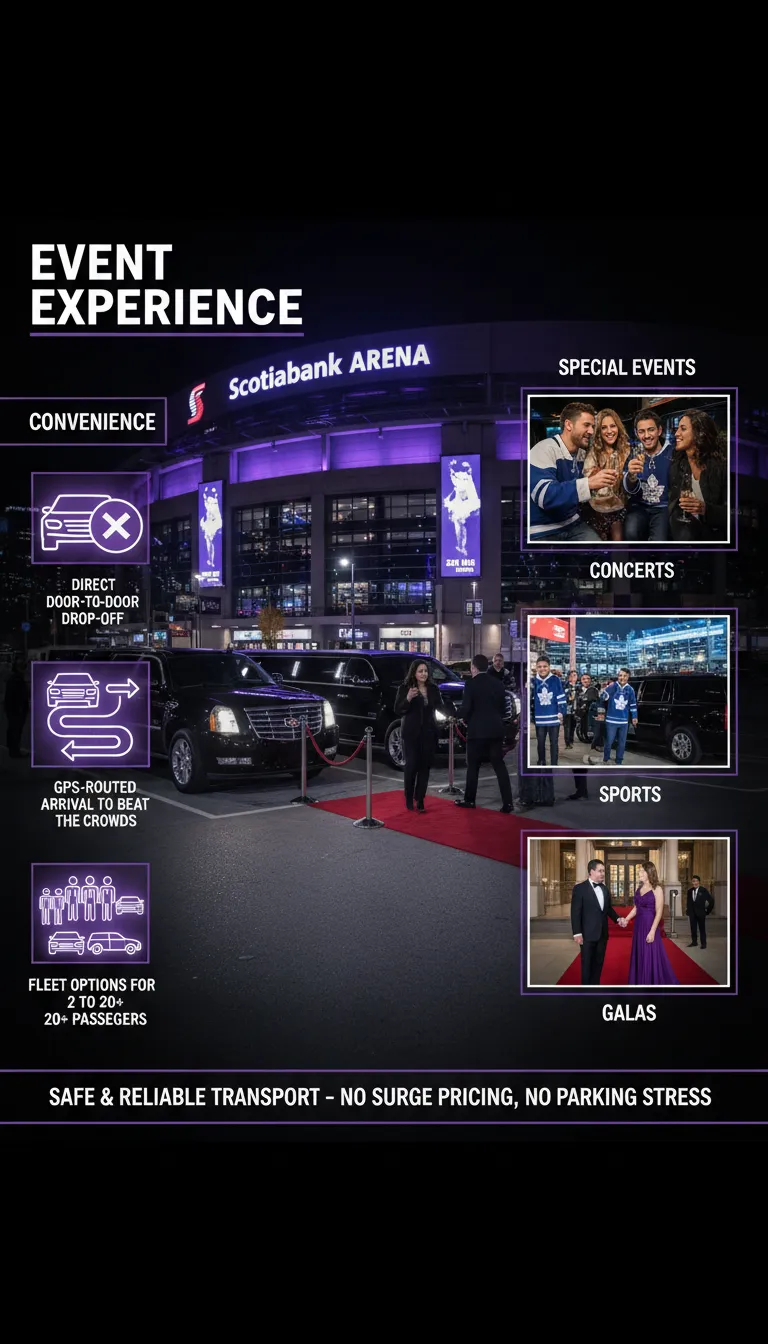 A luxury group transportation fleet, including a black Mercedes Sprinter and a stretch limousine, parked near a major Toronto entertainment venue at night with vibrant event lighting.