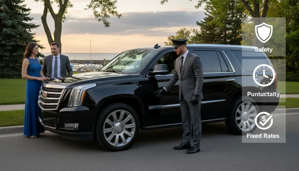 A professional uniformed chauffeur standing next to a luxury black SUV in Ajax, Ontario, symbolizing premium service, reliability, and fixed-rate airport transfers.