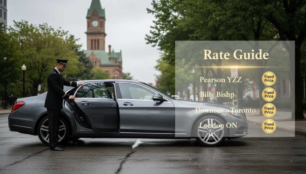 Professional chauffeur standing next to a luxury black SUV in Ajax, with a clean overlay graphic showing fixed flat rates to Pearson Airport, Downtown Toronto, and Niagara Falls.